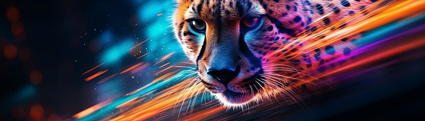An intense cheetah face emerges from an explosion of vibrant abstract colors, suggesting speed and power.