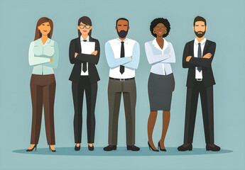 Professional Lineup: Flat Vector Illustration of Business Team with Serious Demeanor - Hand Edited