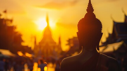 Vesak day concept: Silhouette Buddha with blurred travel tourist attraction in Thailand - Asia on golden temple sunset background