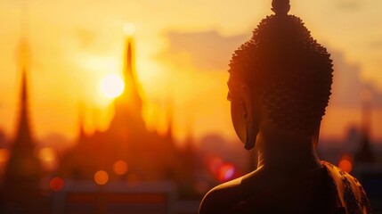 Vesak day concept: Silhouette Buddha with blurred travel tourist attraction in Thailand - Asia on golden temple sunset background - obrazy, fototapety, plakaty