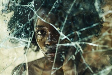 shattered perspective gazing through broken glass fragmented vision of a black womans heartache conceptual photography