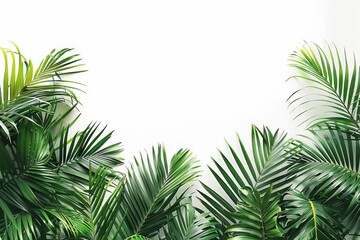 tropical palm leaves border on white background fresh green foliage texture overlay
