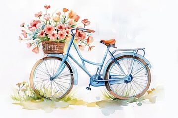 Fototapeta na wymiar watercolor painting of a womans bicycle with a basket full of colorful flowers whimsical illustration