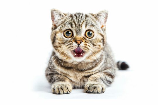 surprised cat with wide eyes and open mouth funny feline expression isolated on white background pet photography
