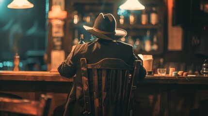 A solitary figure sits on a barstool facing away from the camera hat and long coat dd over the back of the chair. A revolver . .