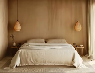 Cozy beige bedroom interior in Japandi style. Presented in 3D render. Made with generative AI technology