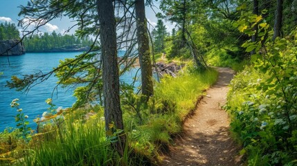 A path winding through a forest to a tranquil lake