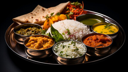 Wide flat lay photograph of delicious traditional Indian Thali dish on a restaurant table in dark background with curries and gravies around
