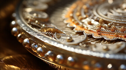 wide photo of detailed traditional Indian silver color spice powder containers with beautiful crafts 