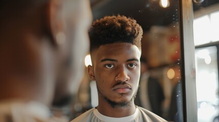 A satisfied customer looks into the mirror admiring his freshly trimmed fade. The barber who comes from a lineage of multicultural barbers carries on his familys legacy by incorporating . - obrazy, fototapety, plakaty