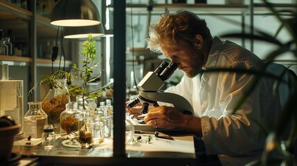 In a quiet laboratory a lone botanist sits surrounded by vials tubes and slides studying the hidden world of a tiny plant specimen using the microscope to unlock its secrets. . - obrazy, fototapety, plakaty