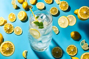 : Indulge in the Refreshing Allure of a Top-View Lemonade Glass, Set Against a Radiant Sky Blue Backdrop, Evoking the Bliss of a Sun-Kissed Summer Day. Every Luscious Detail Immortalized Through the L