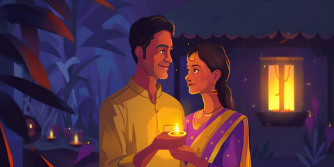 Silhouette of a loving couple standing near the window Happy Diwali greeting card. Deepavali festival of lights Holiday background with traditional symbols.
