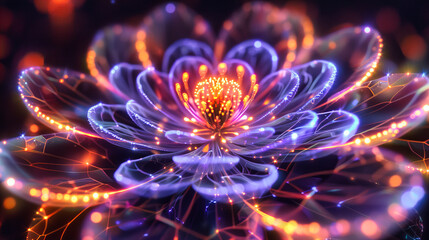 Abstract Fractal Flower, Bright Blossom Design in a Surreal Setting, Creative Digital Floral Artwork with Glowing Lights
