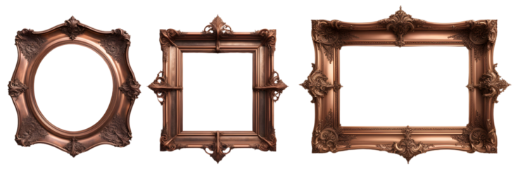 Conjunto de Molduras de cobre envelhecido em formato redondo, quadrado e retangular. Molduras de espelhos de cobre vintage, porta retrato isolado em fundo transparente