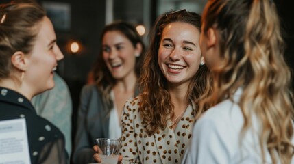 A candid shot of a client collaborator laughing and talking with a group of clients at a networking event conveying the importance of building and maintaining strong relationships .