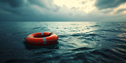 Fototapeta na wymiar Lifebuoy adrift on ocean , a beacon of hope and safety in the vast expanse, Orange life preserver floating in sea's surface at sunset in background, rescue equipment floating in some water