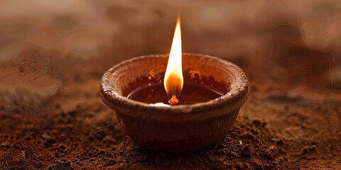 soil or clay lamp radiating light in dark. concept of removing darkness with a flame Happy Diwali or Deepavali traditional  festival with clay Diya oil lamp.