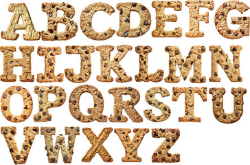 alphabet made of chocolate chips isolated on white background