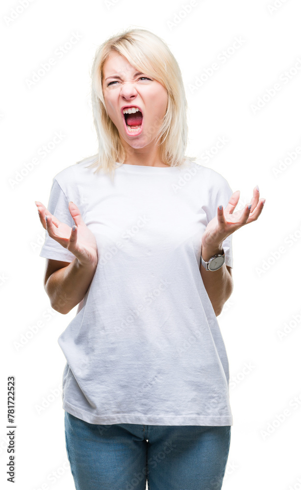 Poster young beautiful blonde woman wearing white t-shirt over isolated background crazy and mad shouting a