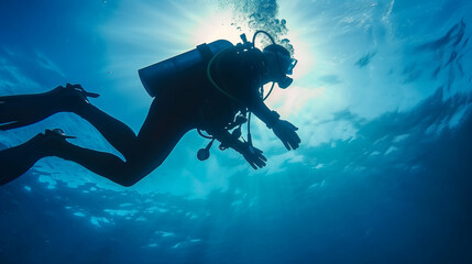 A man is diving underwater with a scuba tank. The water is blue and the sun is shining
