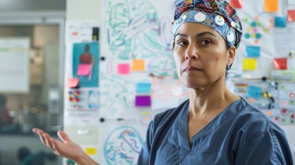 A portrait of a paramedic standing in front of a whiteboard covered in notes and diagrams their scrub cap adorned with colorful pins and patches. The passion for their job shines through .