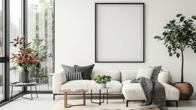 Fototapeta mock poster frame with modern interior background , living room , Scandinavian style , 3D render.