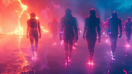 A group of obscured figures clad in futuristic attire walk towards the glowing sky in the distance their forms blurred in the neon . .