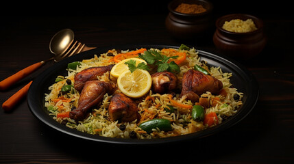 Wide flat lay photograph of delicious biriyani dish on a restaurant table in dark background with curries and gravies around 