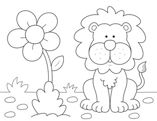 cute lion and big flower coloring page for kids. you can print it on standard 8.5x11 inch paper © BaMic illustrations