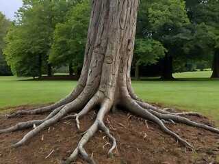tree roots in the park with green feilds