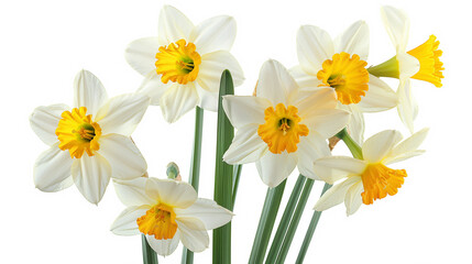 a bunch of blossoming daffodils isolated on white background, AI Generative.