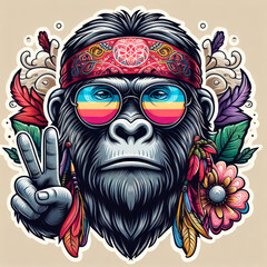 A hippie gorilla with glasses and flowers