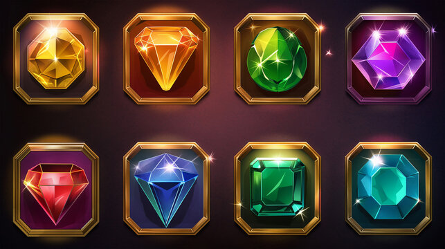 Gem set icons on dark background isolation, Illustration 