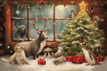 New Year's card with painted animals and a Christmas card