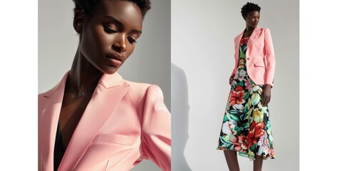 Elegant African Woman Posing in Stylish Floral Dress and Pink Blazer