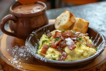 "Breakfast with scrambled eggs, bacon and cocoa"