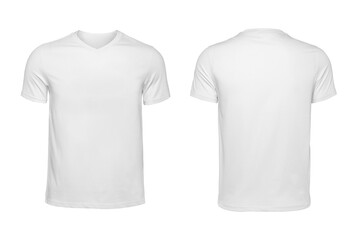 Blank v-neck shirt mock up template, front and back view, isolated on white, plain t-shirt mockup. V Neck tee design presentation for print. - obrazy, fototapety, plakaty