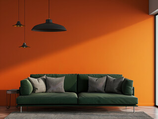 Dark green sofa against orange wall with ceiling lamp in living room space during the day.