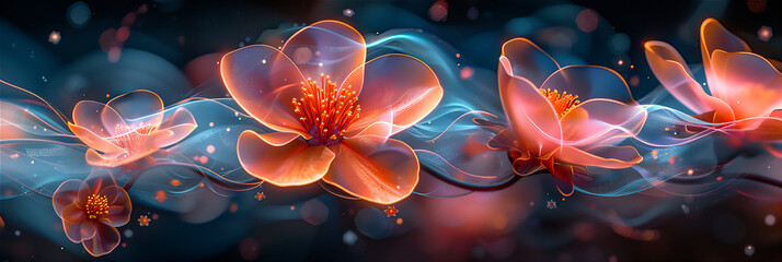 Transparent blossom flowers pattern in close up with golden and blue lights and dark background
