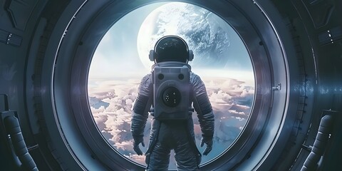 Astronaut in Space Suit Standing Against Galactic Background - obrazy, fototapety, plakaty