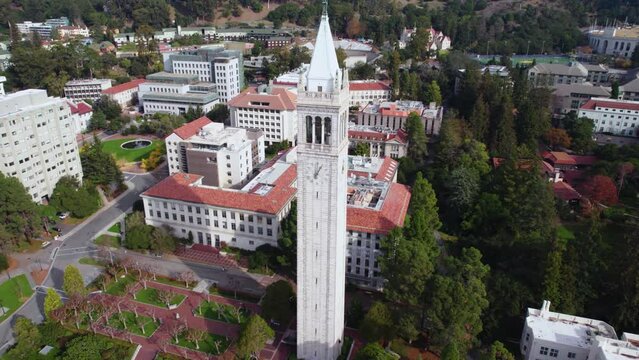 University of California, Berkeley. Flying Above The Campanile Tower and Campus Hall Buildings, Drone Shot