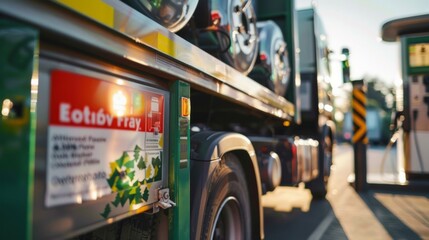 A closeup image of a biofuel truck filling up at a gas station while a sign nearby advertises that the fuel is made from 100% recycled materials. The truck is emitting less exhaust . - obrazy, fototapety, plakaty