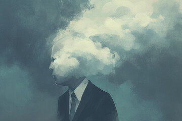 Illustration of Businessman Drowning in Sorrow Downcast Expression, Clouded Thoughts