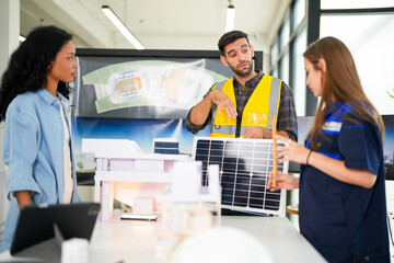Obraz premium Focused construction specialists evaluate a solar energy panel model in a modern workspace with design drafts.