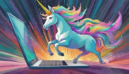 A unicorn jumping out of a laptop screen surrounded by a spectrum of colors.