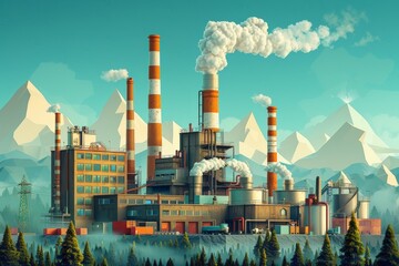 Illustration of eco-friendly factory using hydrogen energy for production, Factory towers rise above a dense forest, their emissions a stark contrast to the natural surroundings, - obrazy, fototapety, plakaty