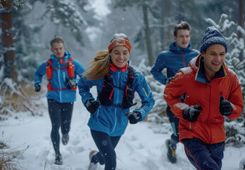  people running in the snow, wearing blue and red sportswear and black shoes, with smiling facial expressions
