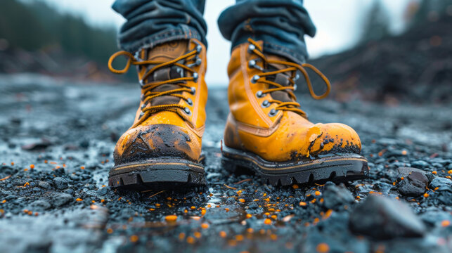 Close-up of rugged yellow boots on a rocky terrain with splattered mud. - Powered by Adobe
