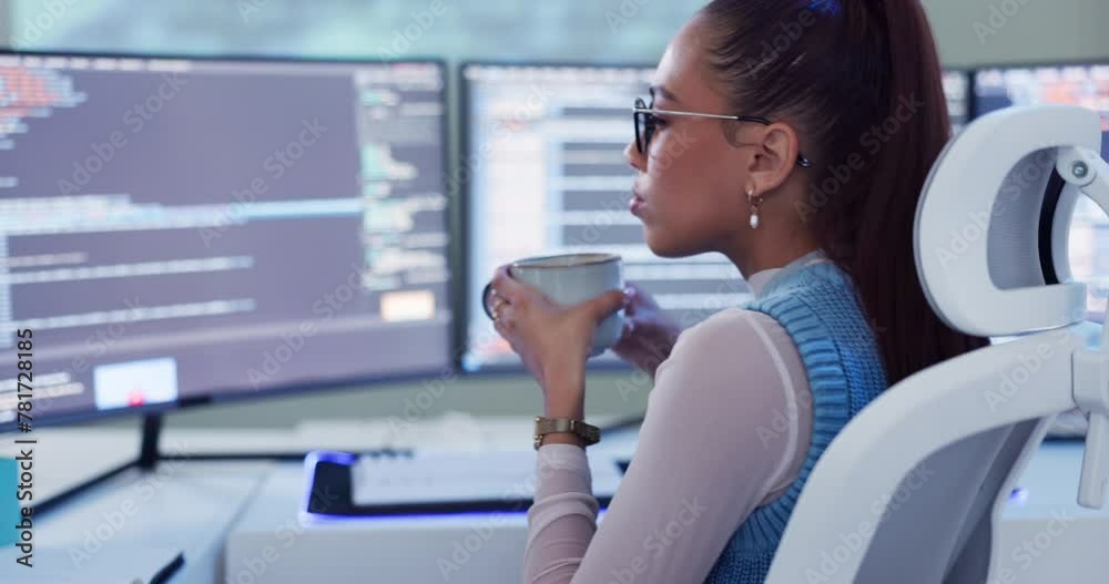 Poster Woman, computer screen and software development for programmer research or coding, coffee or cyber security. Female person, technology and online system with database website, information or password